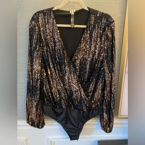 River Island long-sleeved sequin wrap bodysuit, like-new, size 16.